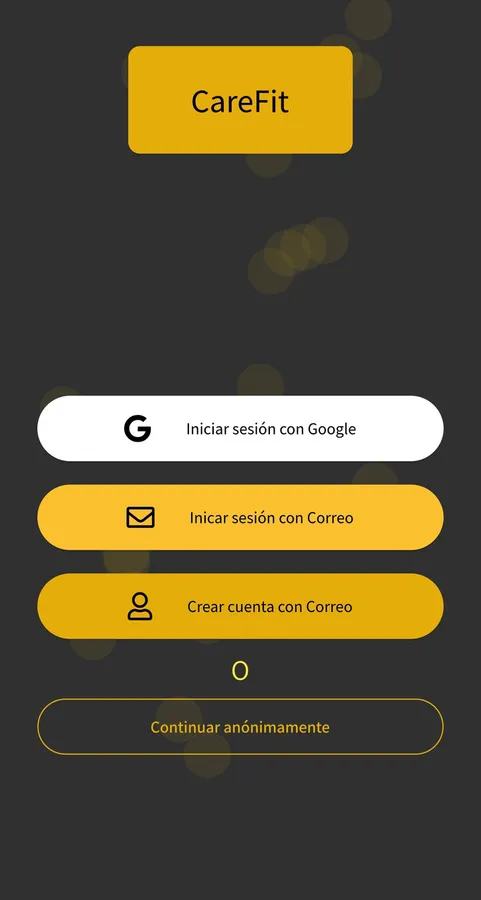 Pantalla de bienvenida con acceso con Google, con correo o anónimo