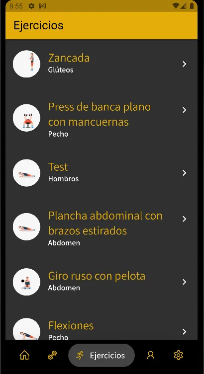 Catálogo de ejercicios con su grupo muscular