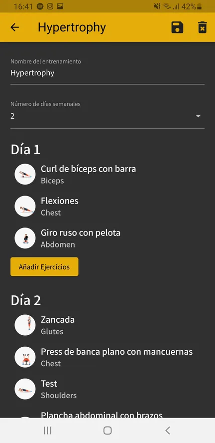 Edición de una rutina por días con sus ejercicios
